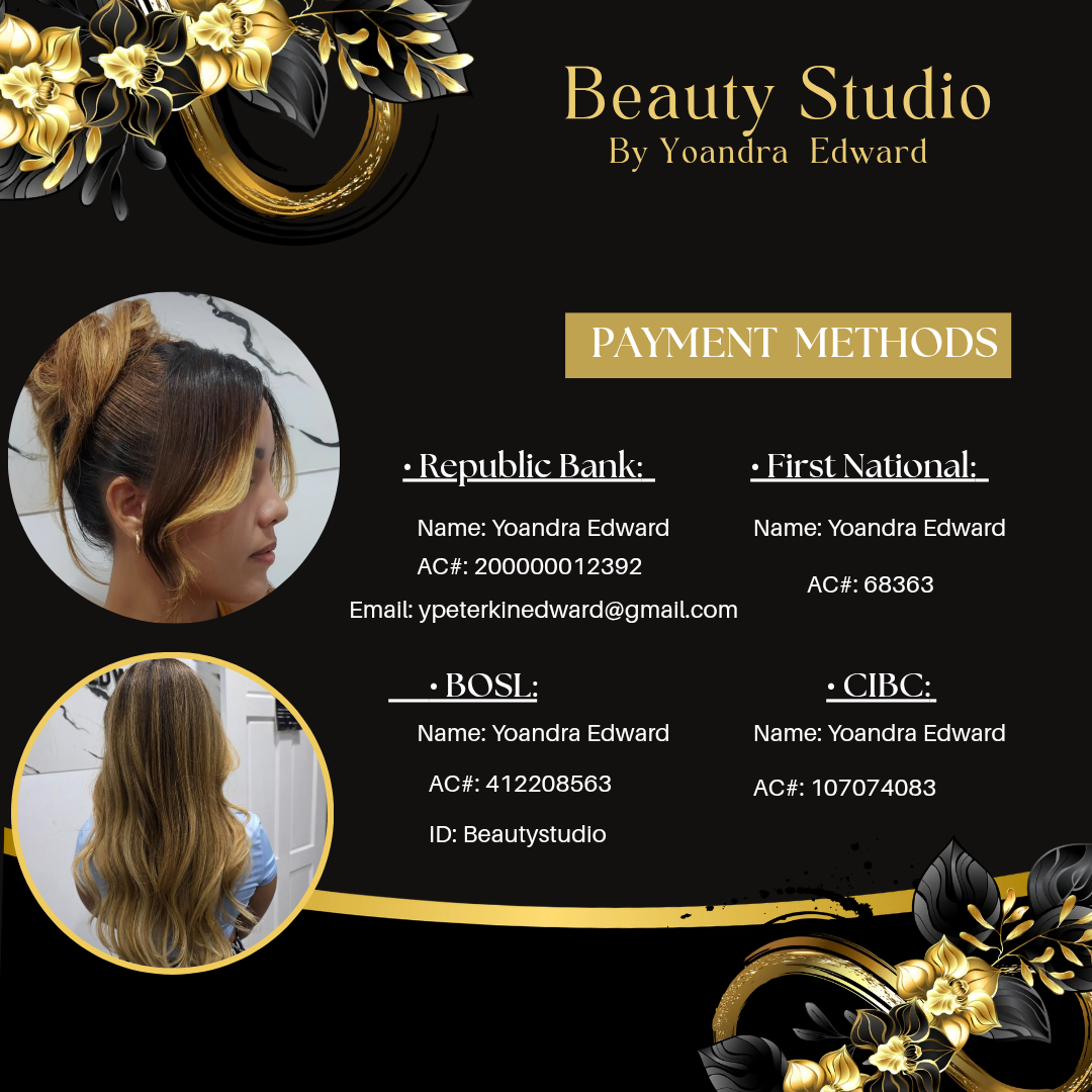 Beauty Studio by Yoandra Edward payment methods flyer with Republic Bank, First National, BOSL, and CIBC account details